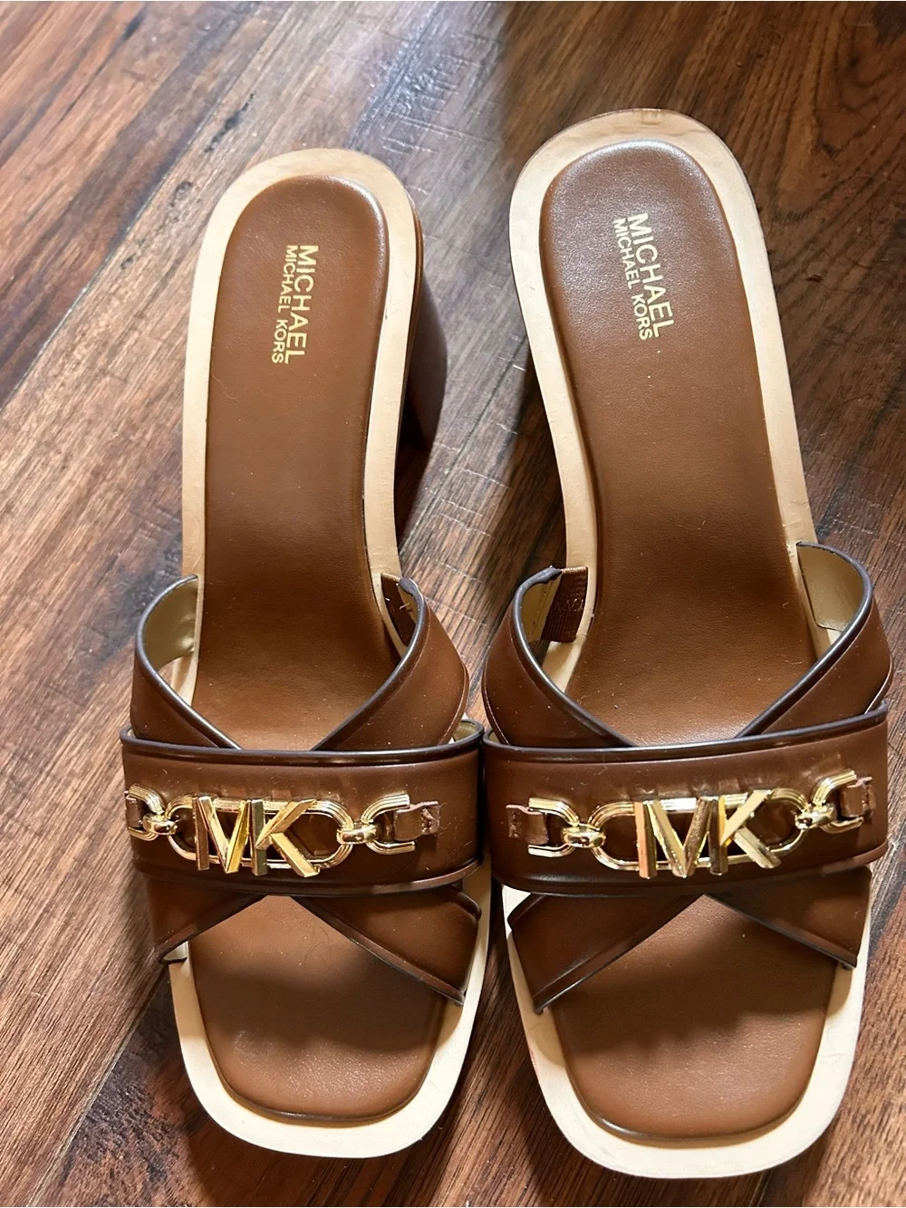 MICHAEL Michael Kors Brown Leather Logo Chain Slide Mules - Picture 2 of 5